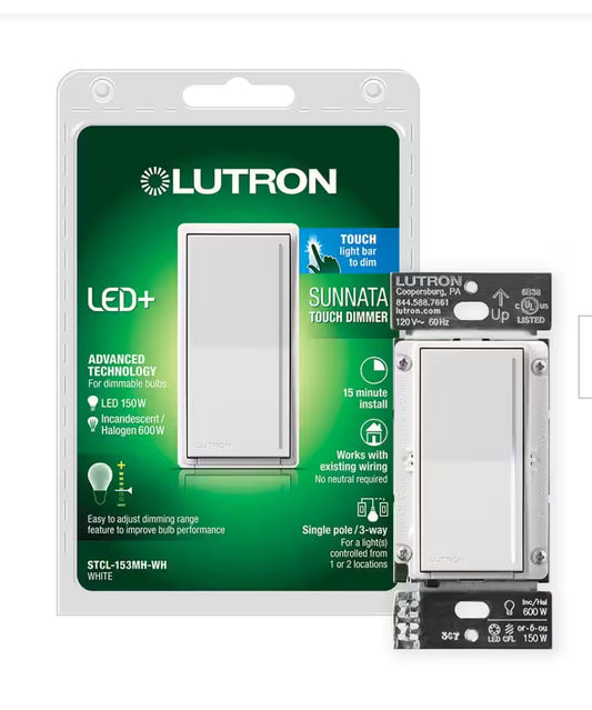 Lutron Sunnata Touch Dimmer Switch with Wallplate with LED+ Advanced Technology, for LED and Incandescent, 3 Way/Multi Location, STCL-153MW-WH, White