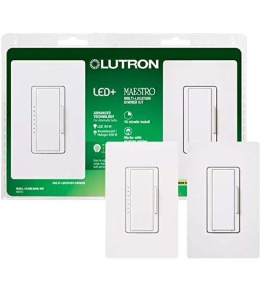 Lutron Maestro LED+ Dimmer Switch Kit for Dimmable LED, Halogen and Incandescent Bulbs, 150W/3-Way or Multi-Location, MACL-153M-RHW-WH, White